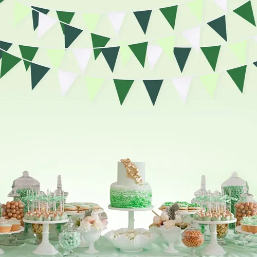 Miniatura 5 de Pancarta verde degradado de 32 pies para decoración de fiesta, bandera triangular verde, banderines de tela, banderines para dinosaurios