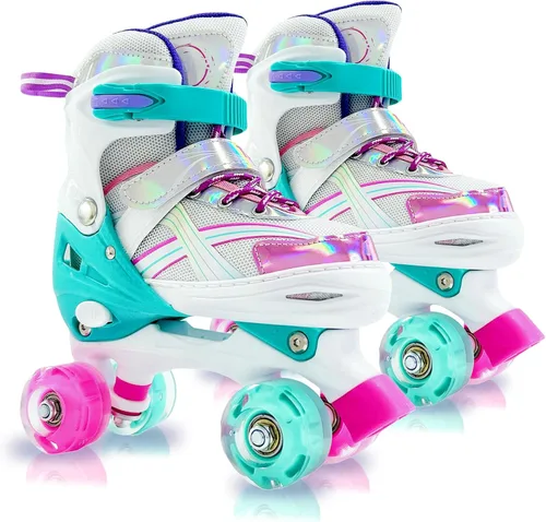 Adjustable Kids Roller Skates for Girls and Boys Ages 3-5 5-8 8-12, All 8 Wheels of Girl's Skates Shine, Safe and Fun Illuminating for Outdoor