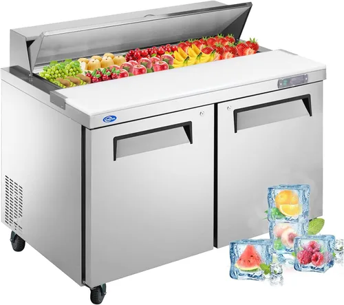 Miniatura 12 de Refrigerador comercial de 3 puertas de 72 pulgadas de ancho, mesa de preparación de ensaladas, refrigerador de acero inoxidable con tabla de cortar