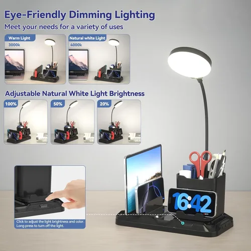 Miniatura 2 de KDD Lámpara de escritorio con puertos de carga USB A y C, luz de escritorio de lectura con bolígrafo y soporte para teléfono, luces de brillo