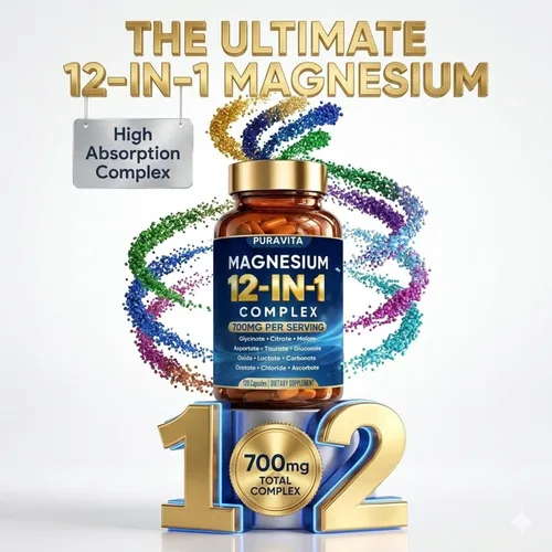 Miniatura 8 de Puravita Complejo de Magnesio, Puravita 12 en 1 Suplemento de magnesio 700 mg con glicinato, citrato, malato, óxido, taurato y más, alta absorción