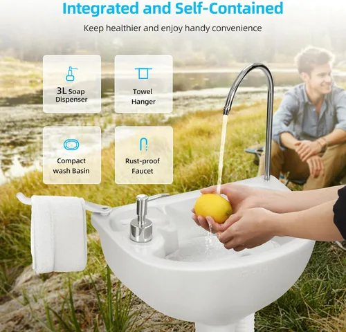 Miniatura 3 de Fregadero portátil para acampar, estación de lavado de manos, soporte de lavabo de 20 litros con ruedas rodantes, dispensador de jabón, soporte