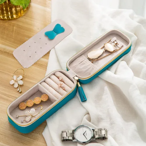 Miniatura 7 de SANQIANWAN Pequeña caja organizadora de viaje de joyería con piel sintética, estuche portátil de almacenamiento de joyas para collares, anillos