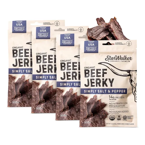 Miniatura 9 de StarWalker Organic Farms Carne Asada Beef Jerky – Certificada Orgánica, 36g de Proteína, Sin Nitratos ni Conservantes, Alimentada con Pasto, Bolsa