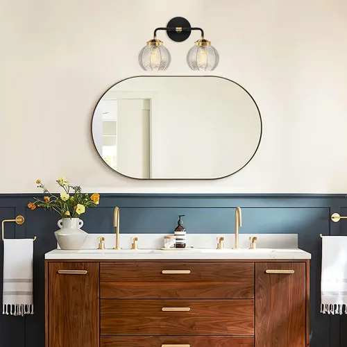 Miniatura 6 de Lámpara de tocador de baño de 2 luces, luces de globo de vidrio transparente, lámpara de montaje en pared negra con pantalla de vidrio acanalado