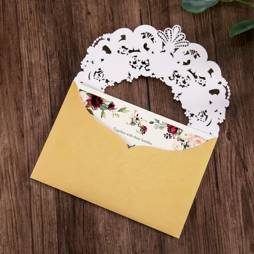 Miniatura 5 de DORIS HOME 50 tarjetas de invitación de encaje floral dorado blanco cortado con láser con sobres para invitaciones de boda, despedida de soltera