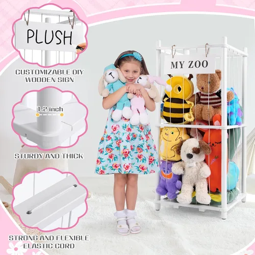 Miniatura 5 de GLDZI Almacenamiento de Animales de Peluche Zoo, Organizador de Animales de Peluche de Madera con Cuerdas Elásticas para Niños y Niñas, Soporte
