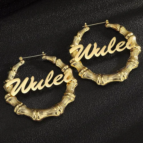 Miniatura 5 de Aretes de bambú grandes personalizados con nombre personalizado para mujeres, aretes de bambú, joyería para mujer, cumpleaños, día de la madre
