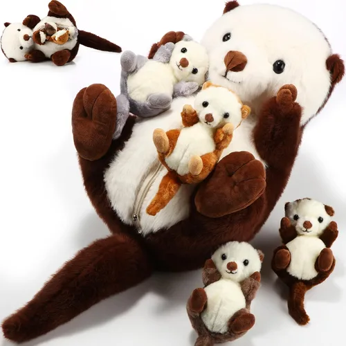 Shappy 5 Piezas Animales de Peluche de Nutria Marina Grande Mamá Nutria Marina de Peluche con 4 Lindos Bebés en su Vientre con Cremallera Peluches