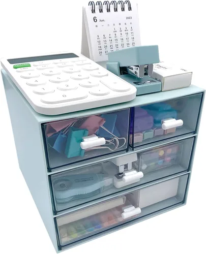 Miniatura 4 de Marknor Organizador de maquillaje, organizador de escritorio con 4 cajones, almacenamiento de artículos diversos, caja de almacenamiento de Azul