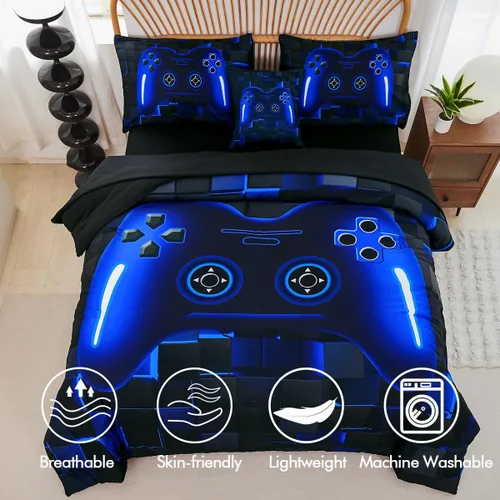 Miniatura 4 de PERFEMET Juego de ropa de cama tamaño Twin en una bolsa, 6 piezas, juego de ropa de cama gaming para niños, edredón azul gamer con juego de sábanas