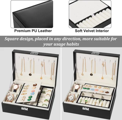 Miniatura 6 de SIMBOOM Joyero para mujeres y niñas, organizador de joyas de 2 capas con cerradura, estuche de almacenamiento de joyas con bandeja extraíble