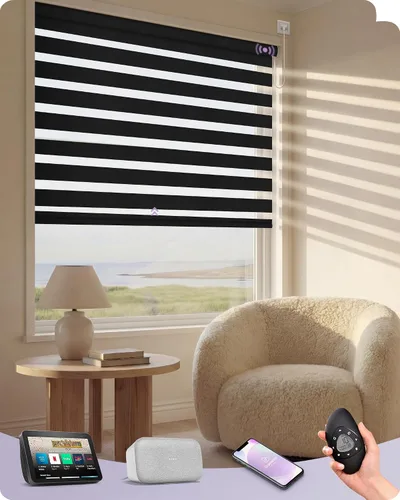 Miniatura 26 de Graywind Persianas motorizadas de cebra para ventanas, persianas inteligentes 100 % opacas con control remoto, persianas de cebra personalizadas