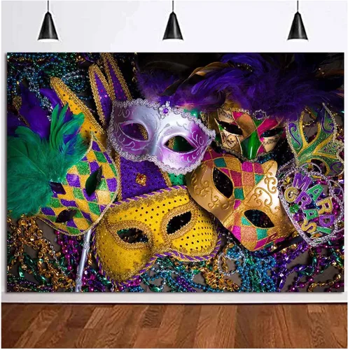 Máscara de cuentas de color morado dorado con purpurina, fondo de fotografía de carnaval, fiesta, baile, fiesta de cumpleaños, cabinas de fotos,