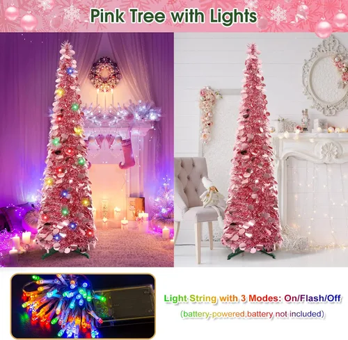 Miniatura 3 de Árbol de Navidad Emergente de 5 Pies con Luces, Árbol de Lápiz Plegable Rosa, Árbol de Navidad Delgado Árbol de Navidad Esbelto, Árbol de Oropel