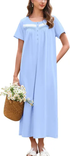 Miniatura 9 de Ekouaer Camisón para Mujeres de Algodón Camisón Largo de Noche Camisón de Manga Corta con Bolsillos Camisón con Botones Ropa de Dormir Suave