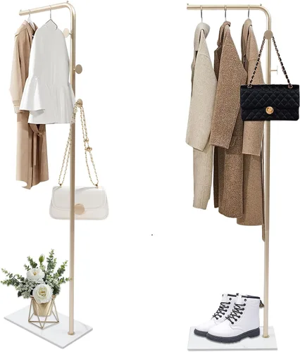Perchero para ropa de 67 pulgadas con base de almacenamiento y ganchos, perchero resistente para colgar ropa, bolsos, sombreros y zapatos para Dorado