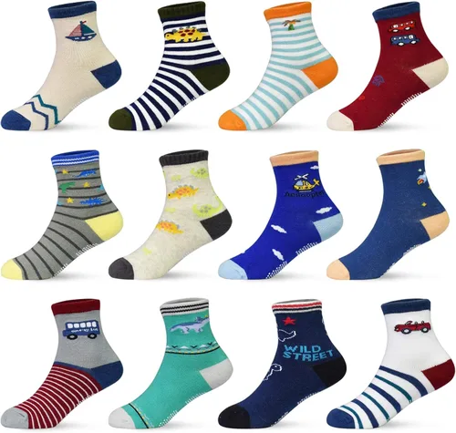 Calcetines SkiBeaut para niño 12 pares de calcetines antideslizantes para niño calcetines de algodón con adherencia para niños de 1-3 3-5 5-7 años