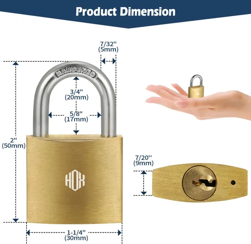Miniatura 2 de HOX Paquete de 2 candados con llave, impermeable y a prueba de óxido, cerradura de latón macizo con cuerpo de 1-1/4 pulgadas de ancho, candado