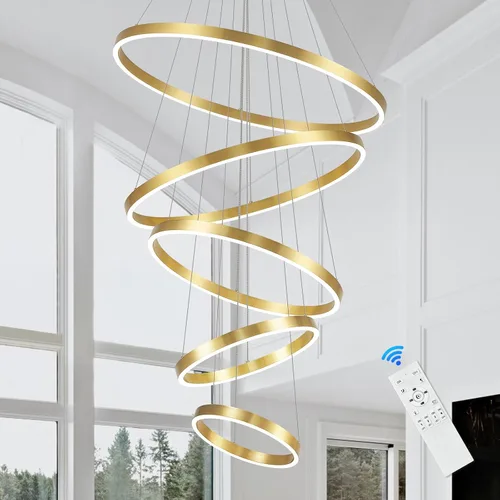 Miniatura 14 de Candelabro LED Moderno de Techo Alto 5 Anillos Dorados Candelabros Vestíbulo Regulable Accesorio de Luz Colgante de Techo Contemporáneo Candelabro