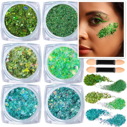 Miniatura 15 de Teenitor Purpurina para Cara y Cuerpo - Azul, Gel de Purpurina para Cabello, 6 Formas Purpurina de Maquillaje Festival para Cara, Cabello y Cuerpo