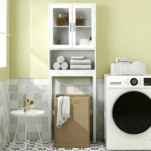 Miniatura 6 de Armario sobre el inodoro, organizador de almacenamiento de baño con puertas de vidrio templado dobles y estante ajustable, estante de inodoro