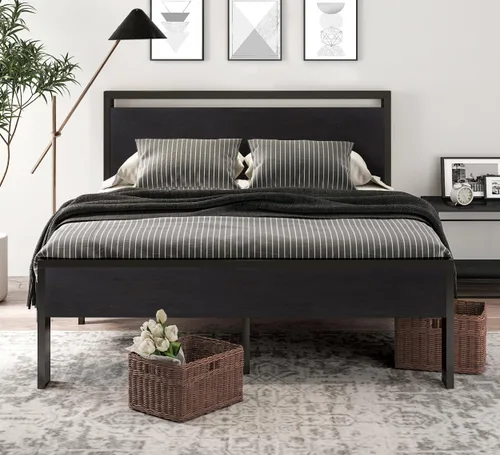Miniatura 3 de SHA CERLIN Armazón de cama de plataforma metálica de tamaño completo de 14 pulgadas con cabecero y pie de cama de madera, base de colchón, no Roble
