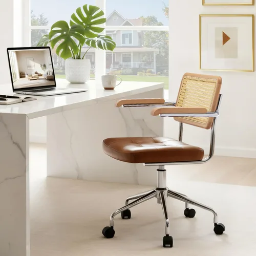 Miniatura 3 de Zesthouse Silla de escritorio de oficina de cuero con ruedas, silla de escritorio con ruedas de mediados de siglo con brazo de madera y respaldo