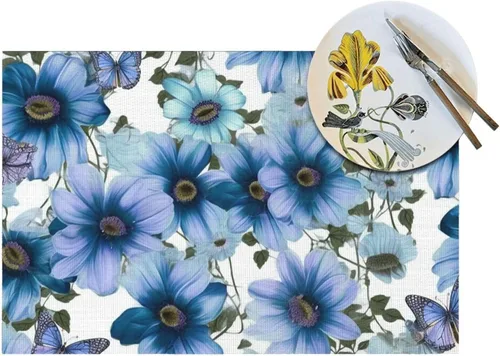 Miniatura 5 de 6 PCS PVC Placemats Set Place Mats Blooming Blue Daisy Non-Slip Weave Place Mats 12" x 18" Farmhouse Table Mat Set for Family Dinners Wedding Parties