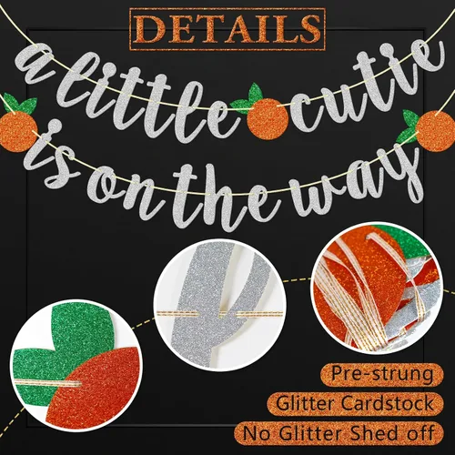 Miniatura 3 de Cartel con texto en inglés "A Little Cutie Is On The Way", pancarta de cítricos, cumpleaños temático naranja, decoración de fiesta de cumpleaños