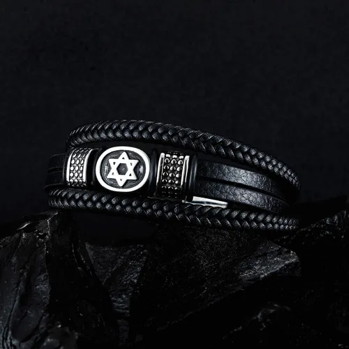 Miniatura 3 de Pulsera de piel trenzada de tres capas con cierre magnético de la estrella de David de Titbra