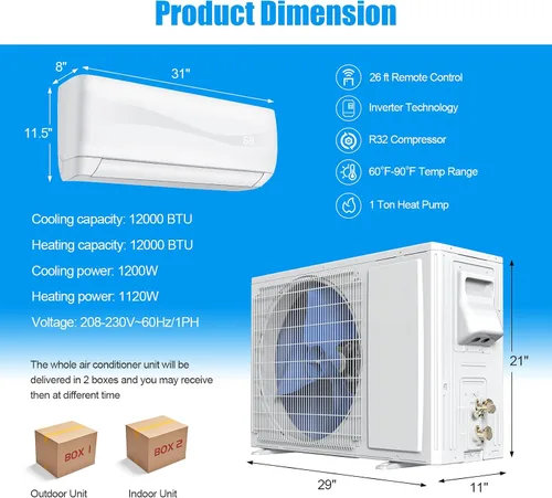 Miniatura 7 de ARLIME Mini Split AC/sistema de calefacción, 12000 BTU 17 SEER2 aire acondicionado dividido de ahorro de energía con bomba de calor de 1 tonelada