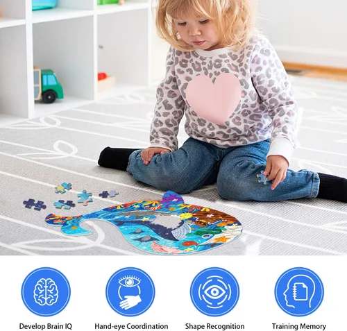 Miniatura 7 de Rompecabezas para niños de 4 a 8 años, 108 piezas de cartón en forma de ballena para amantes de los animales, caja y póster de rompecabezas de piso