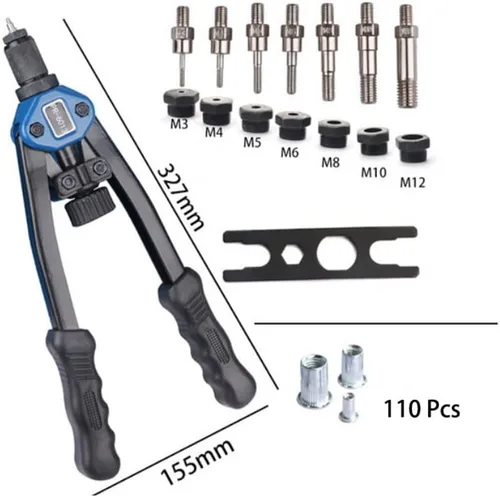 Miniatura 5 de Herramienta de tuerca de remache de mano, mango largo de 13 pulgadas de largo, kit de herramientas de remache de mano con 7 mandriles métricos y 110