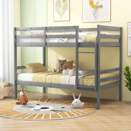 Miniatura 10 de Litera individual sobre individual, marco de cama de madera que ahorra espacio con almacenamiento debajo de la cama, escalera y barandilla