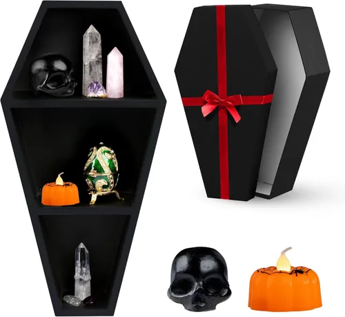 MANNY'S MYSTERIOUS ODDITIES Estante y caja de regalo de ataúd con juego de accesorios espeluznantes, pequeña y bonita caja gótica de Halloween de 14
