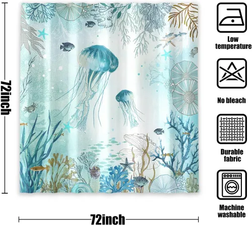 Miniatura 8 de Neasow Cortina de ducha náutica, cortinas de ducha con diseño de medusas verde azulado con 12 ganchos, cortina de baño coral de 72 x 72 pulgadas