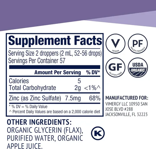 Miniatura 5 de VIMERGY Suplementos orgánicos de zinc USDA para mujeres y hombres (7.5 mg de zinc líquido por porción), apoyo inmunológico de absorción rápida