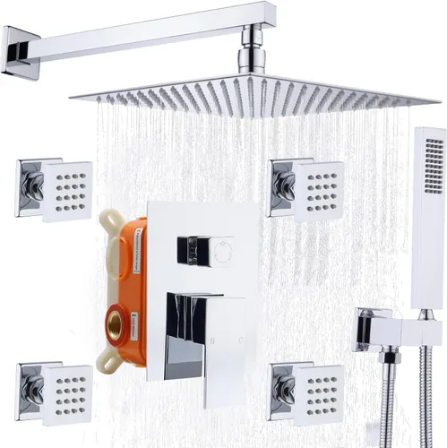 Miniatura 28 de Enga - Sistema de ducha con espray corporal, 12 pulgadas de sistema de cabezal de ducha de lluvia montado en la pared, sistema de chorros de ducha