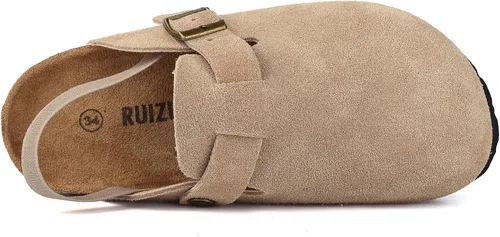 Miniatura 6 de Zuecos de gamuza para niños pequeños, zapatos de cuero para niños y niñas, sandalias lindas clásicas de corcho con hebilla ajustable
