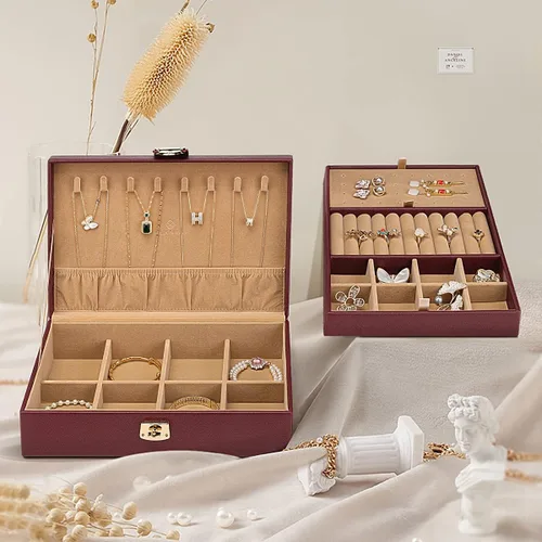Miniatura 2 de Vlando Joyero para mujeres y niñas organizador de joyas grande de 2 capas soporte de joyería de piel sintética con bandeja extraíble para collares