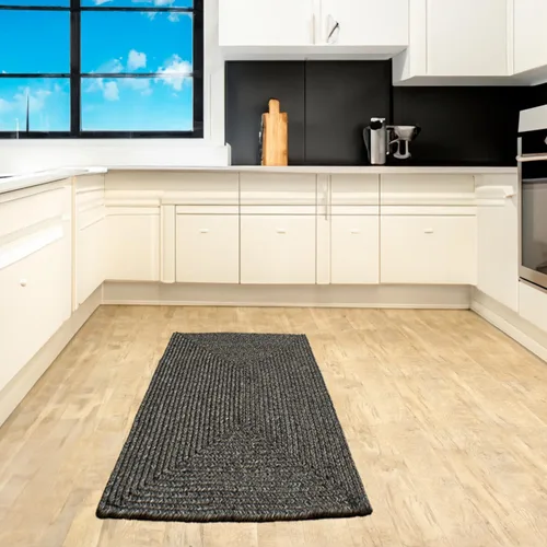 Miniatura 10 de Alfombra trenzada para interiores y exteriores, para cocina/sala de estar, reversible, lavable, color gris y negro, 4 x 6 pies, ovalada