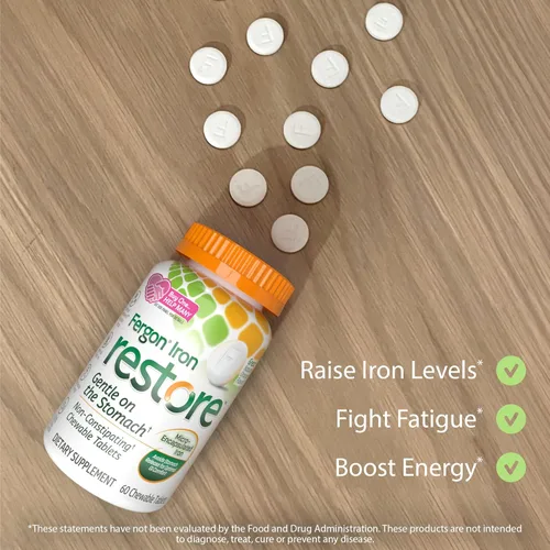 Miniatura 7 de Fergon Iron Restore - Tabletas masticables suaves para el estómago, sin estreñimiento, hierro de 27 mg para apoyo energético, 60 tabletas