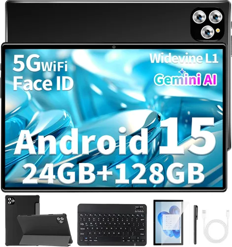 Tablet Android 15 de 10 pulgadas con teclado - 24 GB (4+20) RAM+128 GB de ROM (expandible a 1TB), tabletas 2 en 1 con 8 núcleos, 7200 mAh, WiFi 5G,