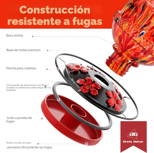 Miniatura 3 de Comederos de vidrio soplado para colibríes para exteriores, comedero de néctar para pájaros silvestres de 25 onzas con percha y 5 puertos