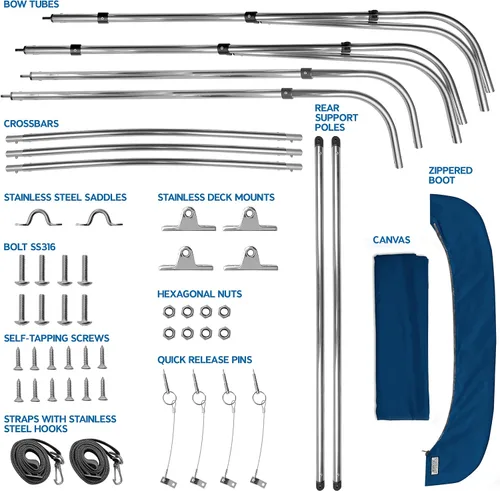 Miniatura 6 de Bimini Tops de 3 lazos para barcos, a prueba de decoloración, postes de soporte, funda de almacenamiento, lona marina 900D, toldo para barco, Azul