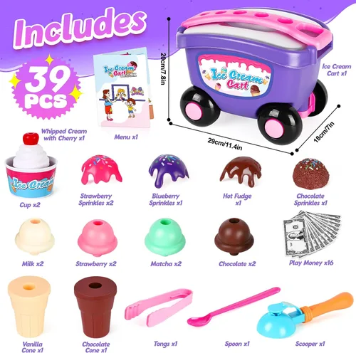 Miniatura 2 de Kasfalci Juguete de carrito de helados, juego de heladería para niños, tienda de comestibles, juguetes de comida de juego de simulación, carrito