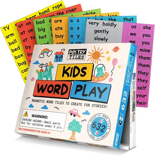 632 Kids Word Play - Imanes de nevera grandes de 0.75 pulgadas de alto codificados por colores, práctica de lectura, construcción de oraciones,