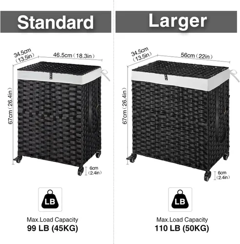 Miniatura 47 de GREENSTELL Cesta para ropa sucia con ruedas y tapa, 130 L, cesta grande de 3 secciones con 2 tipos de bolsas de forro extraíbles, 5 bolsas de malla