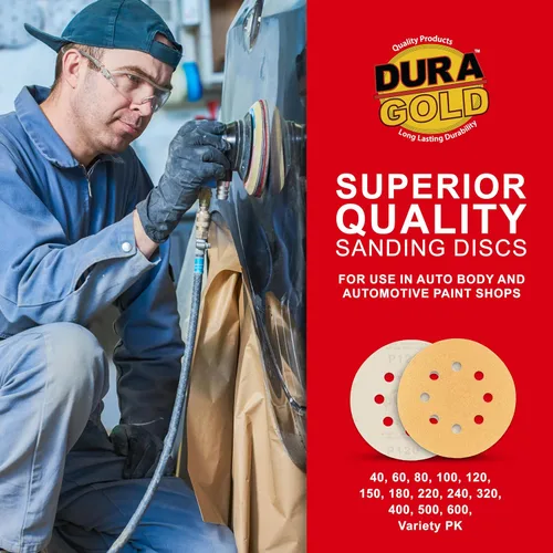 Miniatura 5 de Dura-Gold Discos de papel de lija premium de grano 120 de 5 pulgadas, patrón de 8 agujeros, sin polvo, 50 discos, soporte de gancho y bucle